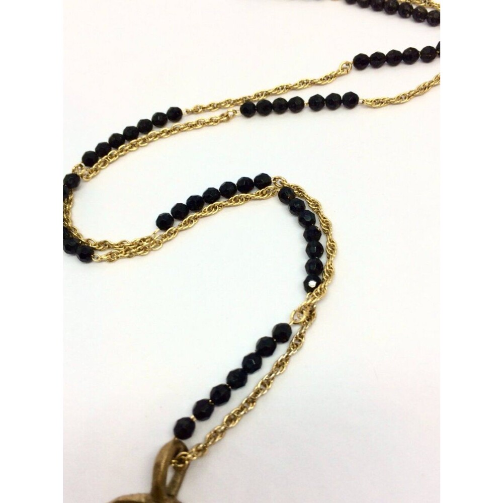 VINTAGE ARTISAN NECKLACE Gold Tone Chain Black Beads Floral Medallion Pendant - Picture 10 of 12